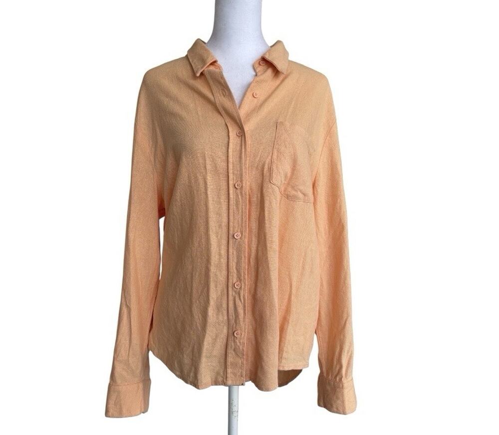 Blue Sol Peach Linen Blend Long Sleeve Button Up Top SZ L Beach Boho Coastal